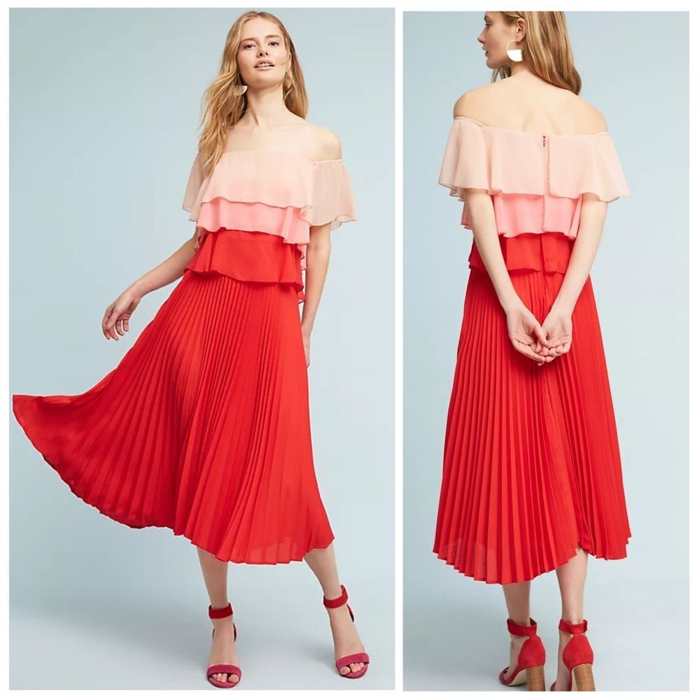 Anthropologie Delfi Collective Madeira Tiered Midi Dress Peach/Pink/Red | Small